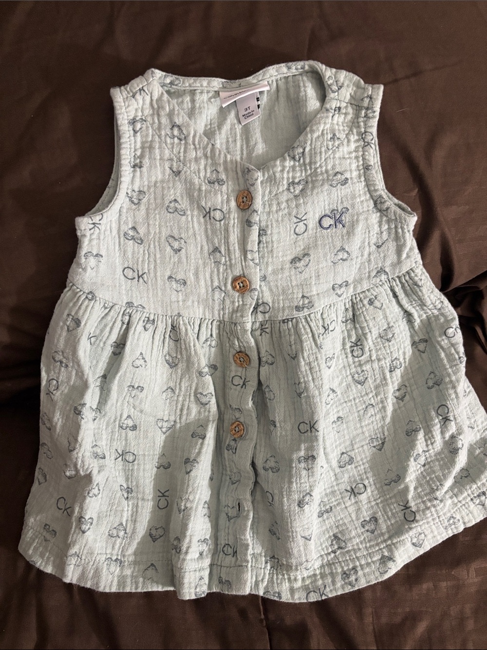 Calvin Klein Light Mint Sleeveless Button-Front Baby Dress with Navy Print